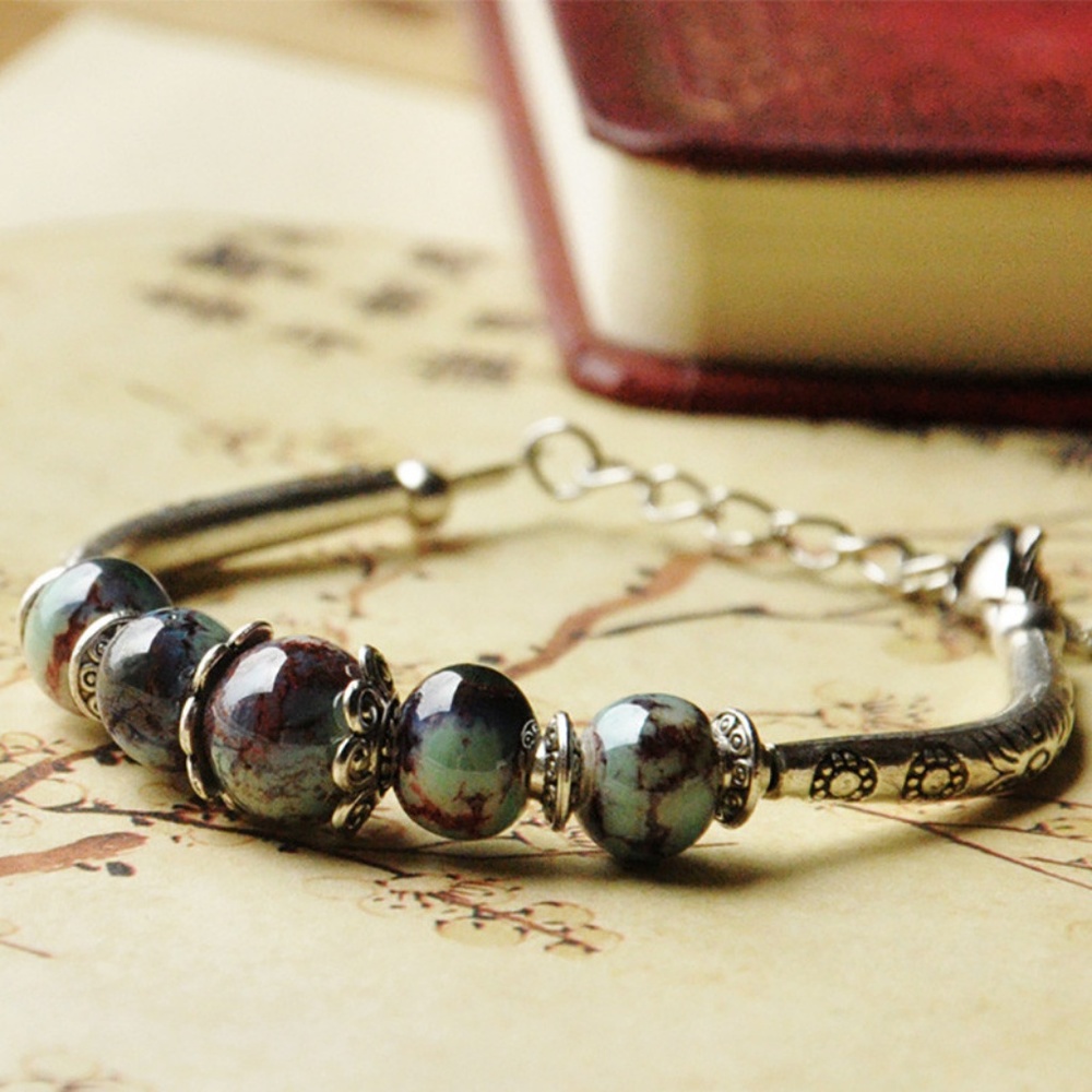 Vintage Silver Marble Stone Adjustable Bracelet